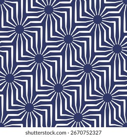 Geometric seamless repeating pattern with an intricate design of thin white lines on a blue background. Contemporary ethnic style. Striped linear texture. Abstract vector illustration.