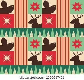 Nahtloses Skandi Weihnachtsmuster mit geometrischen Formen. Stilisierte Rentiere, Vogelsilhouetten, Sterne, Streifen und Bäume. Retro minimalistische Feiertagsdekoration. Vektordesign zum Einwickeln von Papier, Karten