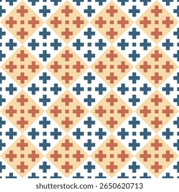 Geometrisches nahtloses quadratisches Muster mit Kreuzen auf Hintergrund in Blau und Orange