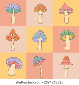 Geometric seamless square pattern with retro groovy hippie mushrooms. Geometric pastel checkered print. Good for apparel, fabric, textile, surface design.