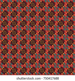 Geometric seamless surface pattern design with retro blue, brown and red colors rhombuses ornament. Grid digital paper, textile print, design. Vector repeated shapes and lines seamless background.