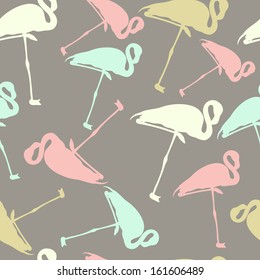 Geometric seamless texture with colored flamingos. Cartoon bird background on grey backdrop. Elegant pattern made in vector.