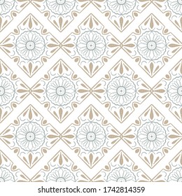 Geometric seamless tiles vector pattern. Mediterranean seamless gray and beige design. Portuguese or spanish retro old mosaic tiles. Decorative textile background.