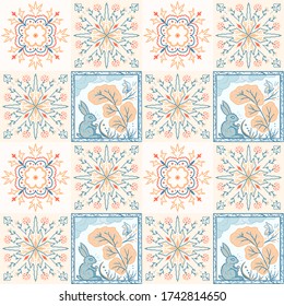 Geometric seamless tiles vector pattern. Mediterranean seamless blue and orange design. Portuguese or spanish retro old mosaic tiles. Decorative textile background.