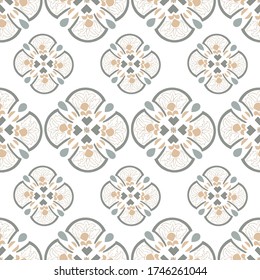 Geometric seamless tiles vector pattern. Mediterranean seamless gray and beige design. Portuguese or spanish retro old mosaic tiles. Decorative textile background.