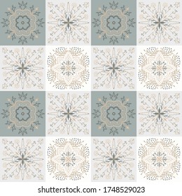 Geometric seamless tiles vector pattern. Mediterranean seamless gray and beige design. Portuguese or spanish retro old mosaic tiles. Decorative textile background.