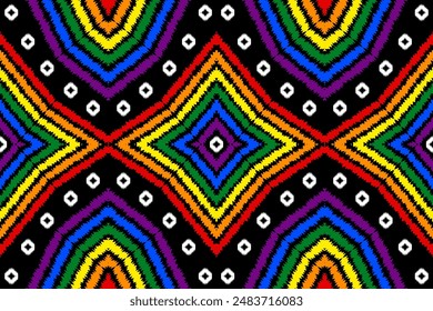 Geometric, seamless, traditional ethnic, ikat pattern, fabric pattern for textiles, rugs, wallpaper, clothing, sarong, batik, wrapping, embroidery, print, background, cover, illustration, vector.