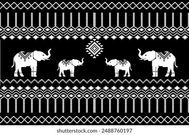 Geometric, seamless, traditional ethnic,elephants,thai, fabric pattern for textiles, rugs, wallpaper, clothing, sarong, batik, wrapping, embroidery, print, background, cover, illustration, vector.