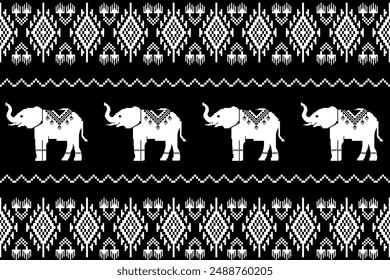 Geometric, seamless, traditional ethnic,elephants,thai, fabric pattern for textiles, rugs, wallpaper, clothing, sarong, batik, wrapping, embroidery, print, background, cover, illustration, vector.