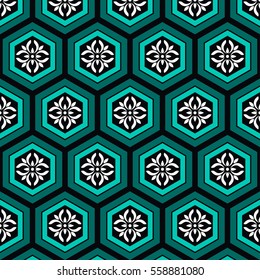 Geometric seamless trellis pattern of hexagons inspired by Buddhist Temple traditional ornament. Oriental print. Buddhism theme. Abstract colorful background. Vector illustration.
