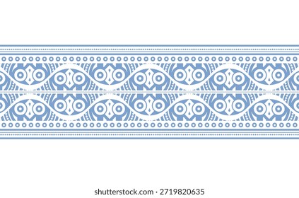 Geometrisches, nahtloses Tribal Border Design mit blauer und weißer Farbpalette