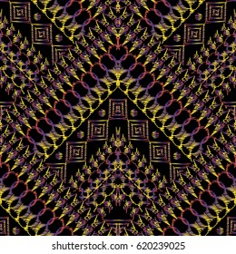 Geometric seamless tribal seamless pattern in aztec style with embroidery effect. Vector abstract grunge tapestry colorful  texture with ethnic motif.