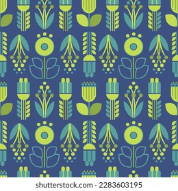Geometric seamless vector flowers. Green and blue grass with decorative stylized elements. Nice simple art print for summer fabric. Modern botany illustration. Leaves and plants ornament for Wallpaper