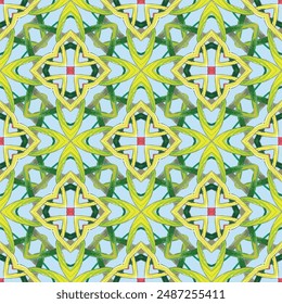 Geometric, seamless, vector, gender neutral ornament pattern of intertwined hand-drawn green lines forming stars and diamonds on blue background.