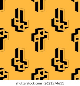 Padrão de vetor sem emenda geométrica com cruzes em negrito no estilo de espaço negativo em um plano de fundo amarelo vivo. Um design mínimo moderno adequado para a fé, religião ou conceitos gráficos abstratos.
