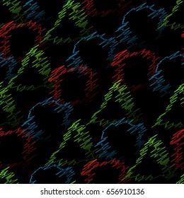 Geometric seamless vector pattern. Bright triangles, circles, squares on a dark background.