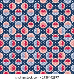 Geometric seamless vector pattern decorated with colours and symbols of the USA flag. Circles in shades of red and blue with white five pointed stars on blue for festive wrapping paper and prints.