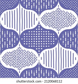 Geometric seamless vector pattern with hand-drawn stripes and dots on a lilac and white background.