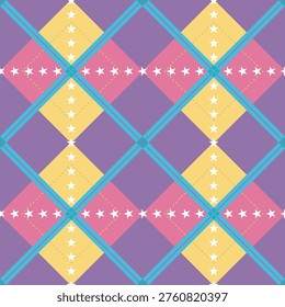 Geometric seamless vector pattern inspired by a stylized argyle plaid, featuring colorful diamonds in purple, pink, and yellow tones, intersected by bold blue diagonal lines. White star details and dotted accents add a playful and modern touch. Perfect for textile design, fashion prints, home decor, wallpaper, and digital backgrounds.