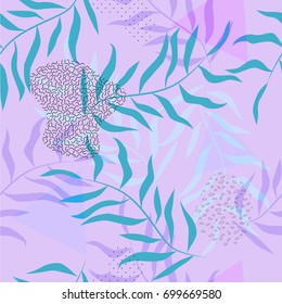 Geometric seamless vector pattern in memphis style with tropical leaves