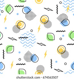 padrão vetorial geométrico sem costura com elementos da natureza nas cores claras. Fundo de estilo Memphis para teia, têxtil e tipografia.