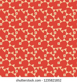 Geometric seamless vector pattern in orange,red and white. Bunting flags in different directions, connected by squares with dots. For paper, textiles, home decor, wallpaper, stationery and fashion.