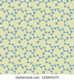 	
Geometric seamless vector pattern in pastel blue and green. Spring or summer colored triangles, connected by squares with dots. For paper, textiles, home decor, wallpaper, stationery and fashion.