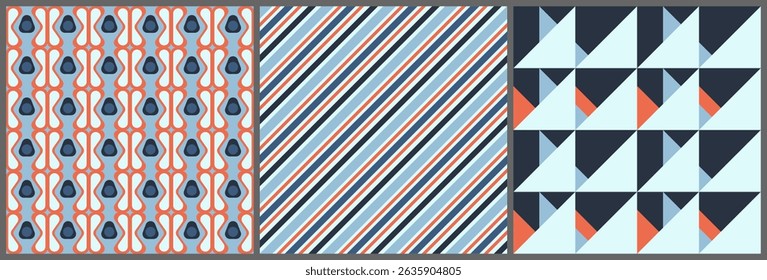 Geometric Seamless Vector Pattern Set with Retro Stripes, Abstract Shapes and Triangles