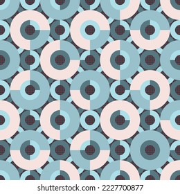 Geometric seamless vector pattern with small and large circles and semicircles on dark red checkered background. Modern truchet repeat minimal shapes for home decor, wallpaper and prints.