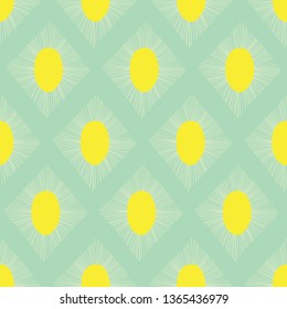 Geometric seamless vector pattern teal green lime yellow. Abstract Ikat rhombus shapes repeating background.