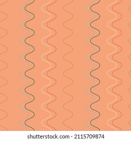 Geometric Seamless Vector Pattern with Thin Lines with Retro Vibes. Cute Simple Waves in Mid-Century Modern Style. Warm Light Peach, Green, Orange and Beige Colors