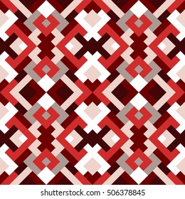 Geometric seamless vector pattern with triangles and squares in red and purple colors. Endless abstract background
