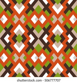 Geometric seamless vector pattern with triangles and squares in red, brown and green colors. Endless abstract background for design