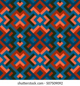 Geometric seamless vector pattern with triangles and squares. Endless abstract background for design in blue, dark green and red colors
