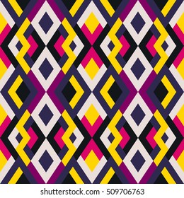 Geometric seamless vector pattern with triangles and squares. Endless abstract background for design in yellow, violet and pink colors