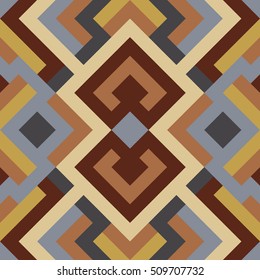 Geometric seamless vector pattern with triangles and squares. Endless abstract background for design in blue, brown and yellow colors