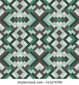 Geometric seamless vector pattern with triangles and squares. Endless abstract background for design in taupe and green colors