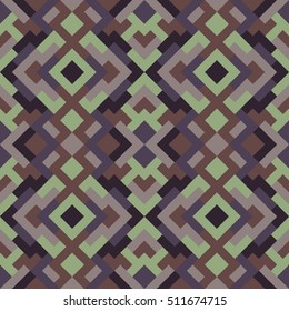 Geometric seamless vector pattern with triangles and squares. Endless abstract background for design in plum, brown and green colors