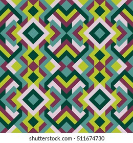 Geometric seamless vector pattern with triangles and squares. Endless abstract background for design in green, blue and violet colors