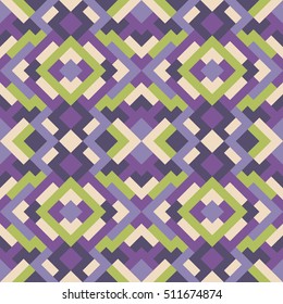 Geometric seamless vector pattern with triangles and squares. Endless abstract background for design in lavender and green colors