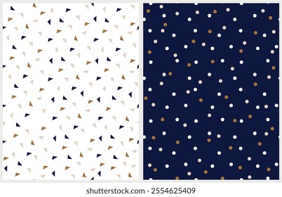 Geometric Seamless Vector Patterns. Irregular Simple Dotted Endless Print. Little Dots and Triangles Isolated on a  White and Dark Blue Background. Trendy Hand Drawn Endless Abstract Patterns.