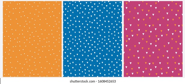 Geometric Seamless Vector Patterns. Simple Irregular Dotted Print. Simple  Hand Drawn Hearts on a Blue Background. White and Orange Triangles on a Dark Pink Layout. Orange Dotted Vector Design.