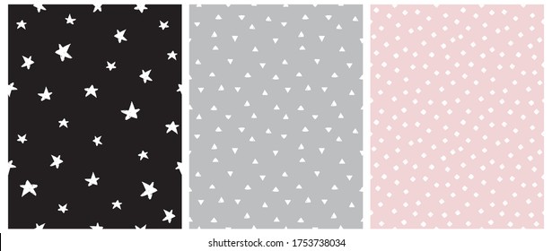 Geometric Seamless Vector Patterns with White Hand Drawn Stars, Triangles and Diamonds Isolated on a Black, Gray and Pink Background. Simple Lovely Confetti Rain. Cute Starry Layout.Abstract Backdrop.