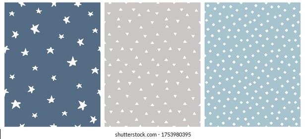 Geometric Seamless Vector Patterns with White Hand Drawn Stars, Triangles and Diamonds Isolated on a Blue and Gray Background. Simple Lovely Confetti Rain. Cute Starry Layout. Abstract Backdrop.