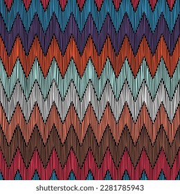 Geometric seamless zigzag pattern. Imitation of embroidery. Striped bohemian ornament. Print for home decor, textiles, pillows, carpets, blankets. Vector illustration.