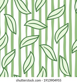 Geometric seamlesspattern with doodle outline leaf shapes print. Green striped background. Designed for fabric design, textile print, wrapping, cover. Vector illustration.