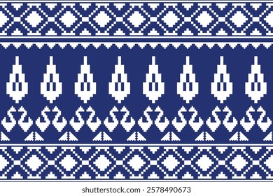 Geometric, seamless,pixel traditional ethnic, thai pattern, fabric pattern for textiles, rugs, wallpaper, clothing, sarong, batik, wrapping, embroidery, print, background, cover, illustration, vector.