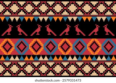 Geometric, seamless,pixel traditional ethnic, thai pattern, fabric pattern for textiles, rugs, wallpaper, clothing, sarong, batik, wrapping, embroidery, print, background, cover, illustration, vector.