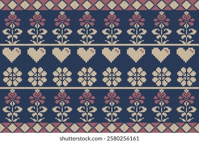 Geometric, seamless,pixel traditional ethnic, thai pattern, fabric pattern for textiles, rugs, wallpaper, clothing, sarong, batik, wrapping, embroidery, print, background, cover, illustration, vector.