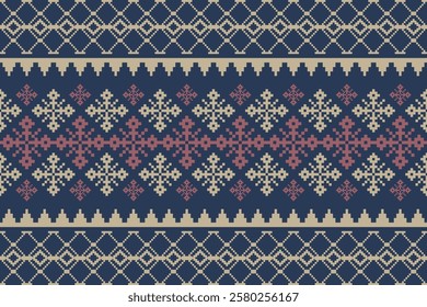 Geometric, seamless,pixel traditional ethnic, thai pattern, fabric pattern for textiles, rugs, wallpaper, clothing, sarong, batik, wrapping, embroidery, print, background, cover, illustration, vector.